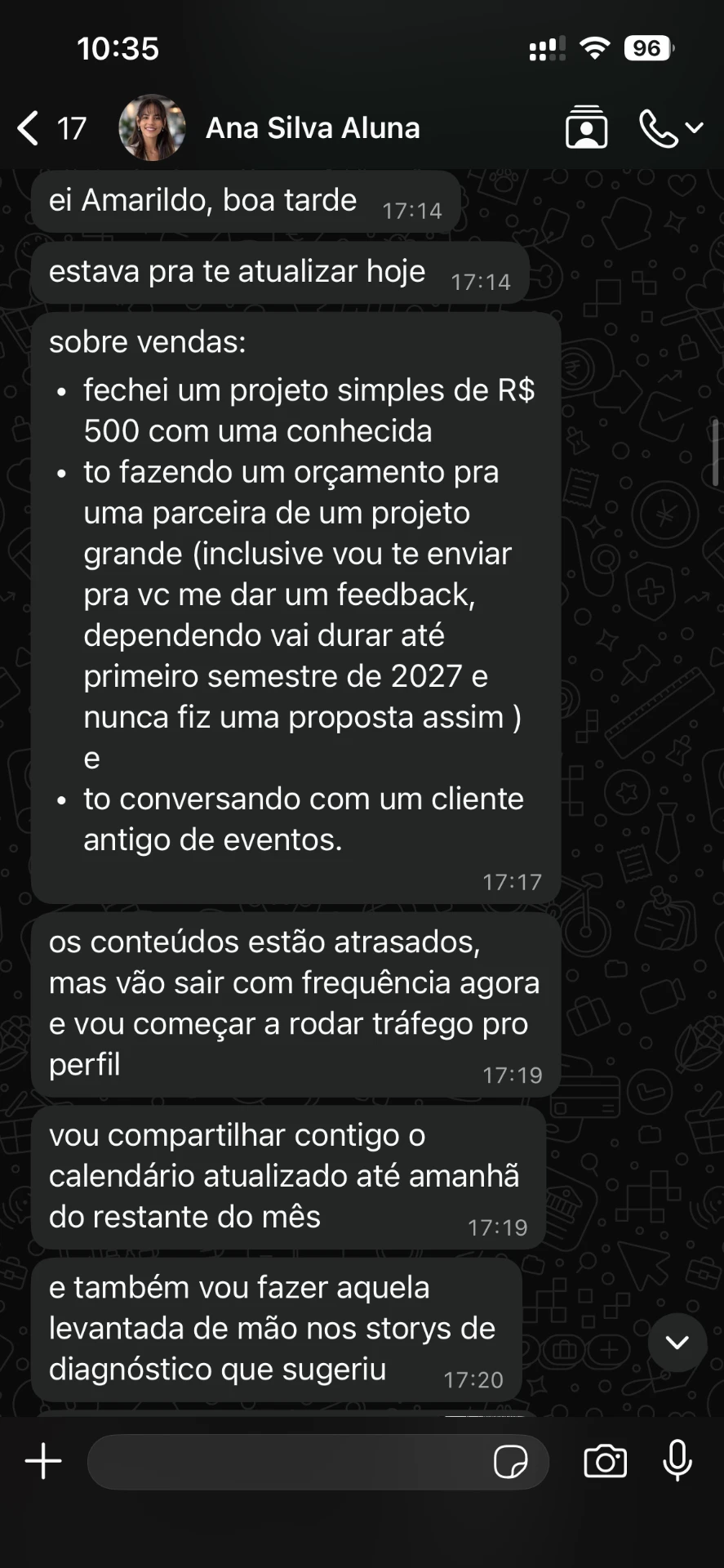 Print de resultado: mentorada relatando novos projetos fechados
